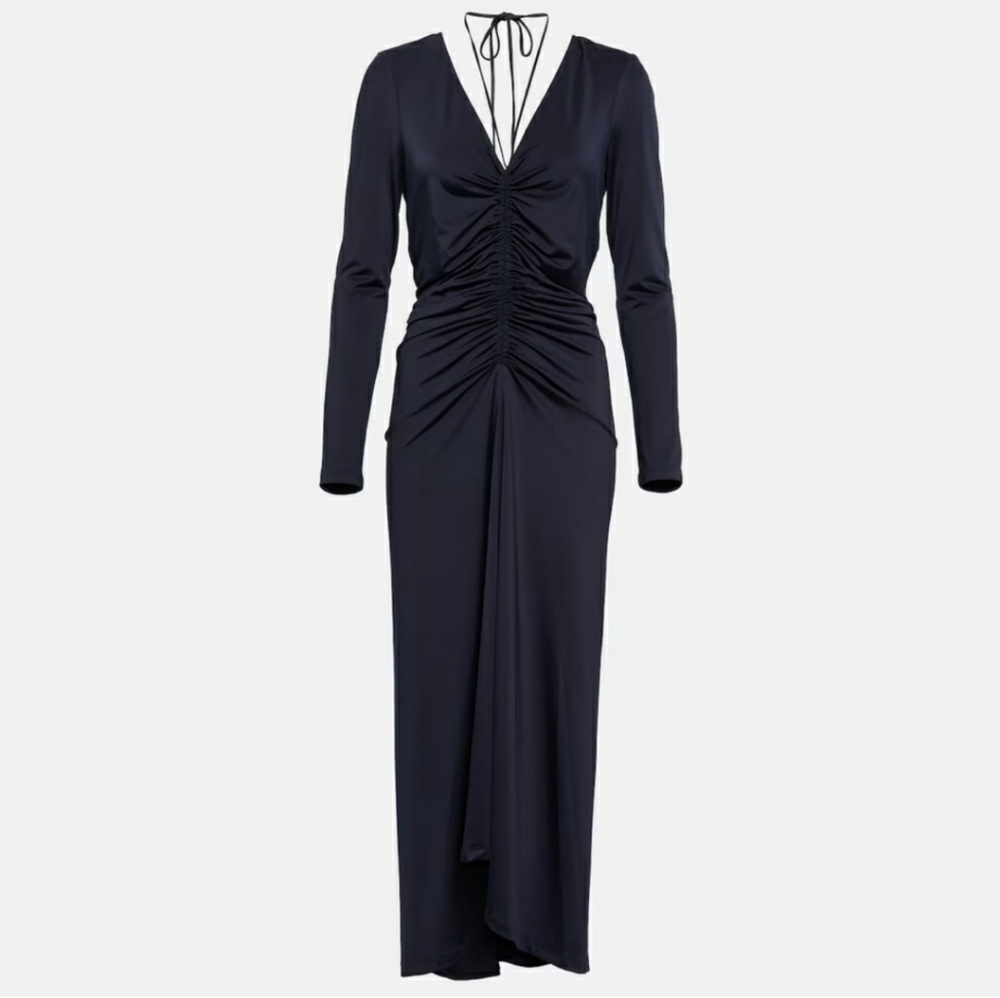 Veronica Beard Midnight Navy Ruched V‑Neck Midi Dress